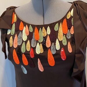 Milly of New York silk knee length or mini dress, sequins/beads/bow, sleeveless